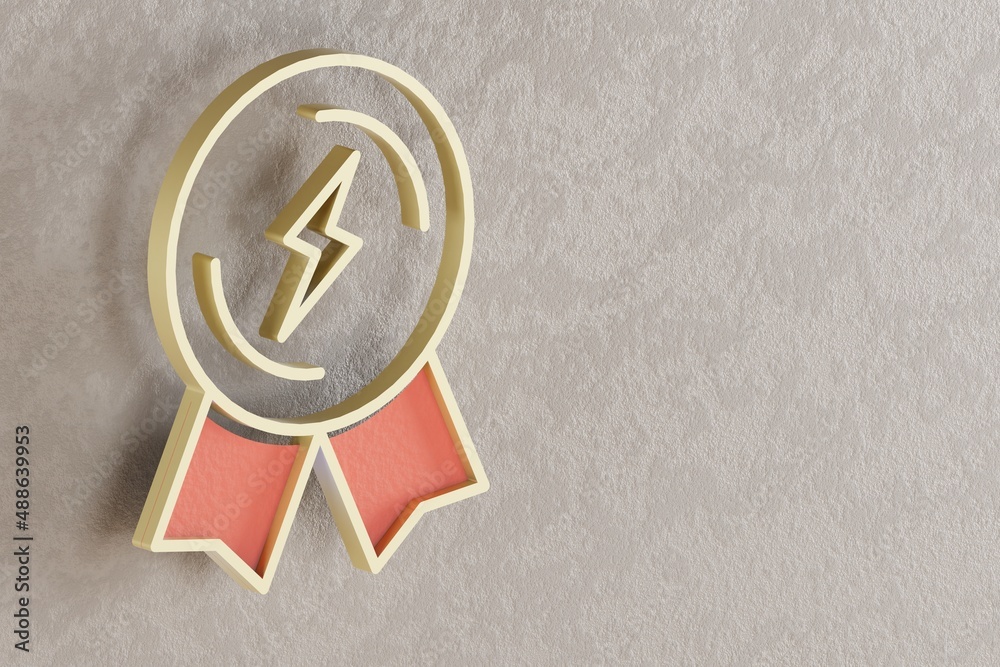 Poster beautiful golden lightning badge symbol on wall bright background. 3d rendering illustration. backgr