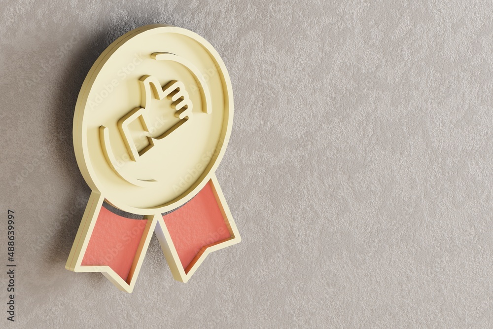 Poster beautiful golden thumbs up badge symbol on wall bright background. 3d rendering illustration. backgr