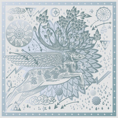 Fancy Pattern for scarves, pillows. Deer with sprouted antlers and wings. Vector.