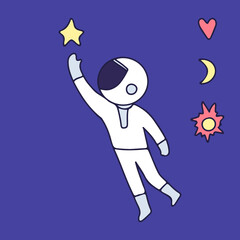 Astronaut reaching star, illustration for t-shirt, sticker, or apparel merchandise. With retro cartoon style.