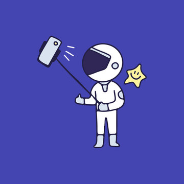 Astronaut take a selfie with star, illustration for t-shirt, sticker, or apparel merchandise. With retro cartoon style.