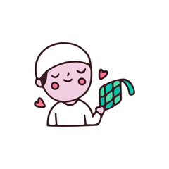 Cute kid holding ketupat traditional food cartoon. Illustration for Perfect Nursery children, kids, greeting.