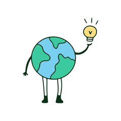 Earth planet character with lamp idea, illustration for t-shirt, sticker, or apparel merchandise. With retro cartoon style.