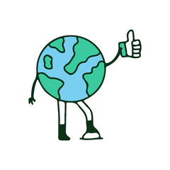 Earth planet holding like button, illustration for t-shirt, sticker, or apparel merchandise. With retro cartoon style.