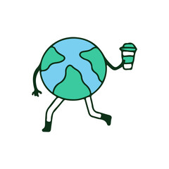 Earth planet holding cup of coffee, illustration for t-shirt, sticker, or apparel merchandise. With retro cartoon style.