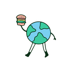 Earth planet with burger, illustration for t-shirt, sticker, or apparel merchandise. With retro cartoon style.
