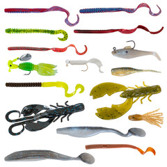 Set of Isolated Artificial Fishing Lures and Rubber Worms