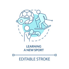 Learning new sport turquoise concept icon. Martial arts. Lifelong learning examples abstract idea thin line illustration. Isolated outline drawing. Editable stroke. Arial, Myriad Pro-Bold fonts used