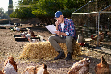 Farmer looking at contract in chiken farm © JENOCHE