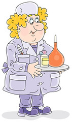 Medical assistant of a doctor with a rubber syringe and a drug for procedure, vector cartoon illustration isolated on a white background