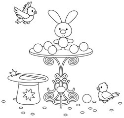 Magic wand, a hat of an illusionist, a small beautiful table, white birds and a cute little rabbit for conjuring tricks in a circus show, black and white outline vector cartoon illustration