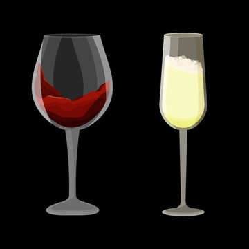 Glass with drinks on a black background. Red wine and champagne. Vector Stock illustration. isolated. Alcohol. Celebration. Cartoon. Party.