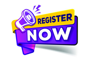 Register now badge vector isolated on white. An ad button with a speaker. Register now to receive a vector banner. Free registration in megafon.Loudspeaker vector banner. Register now ribbon tag
