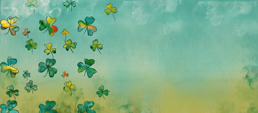 St. Patrick`s Day green background with shamrock leaves.Watercolor