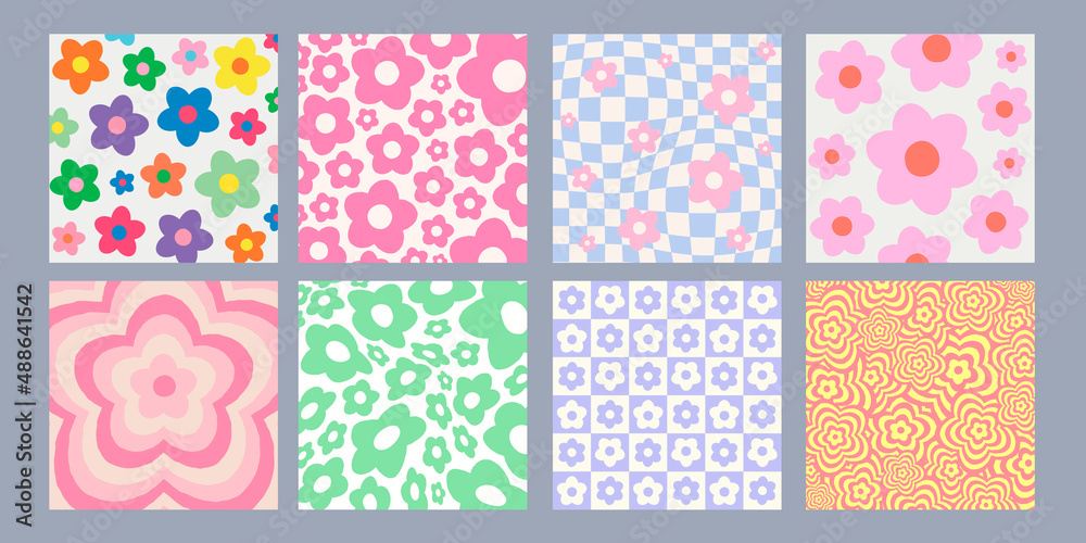 Poster cool abstract groovy flower patterns y2k style. trendy funky backgrounds.