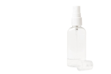Bottle with disinfectant spray on a white background.