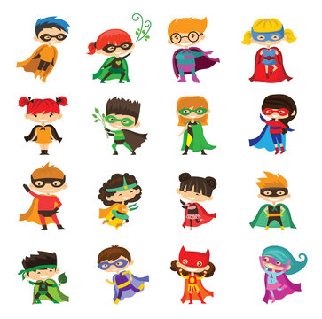 Vector illustrations in flat design of female and male kids superheroes in funny costume