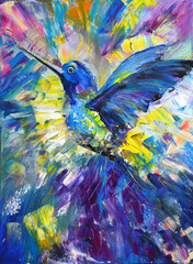 Pasty painting. Original oil painting. Texture strokes. Drawn bird, Hummingbird.