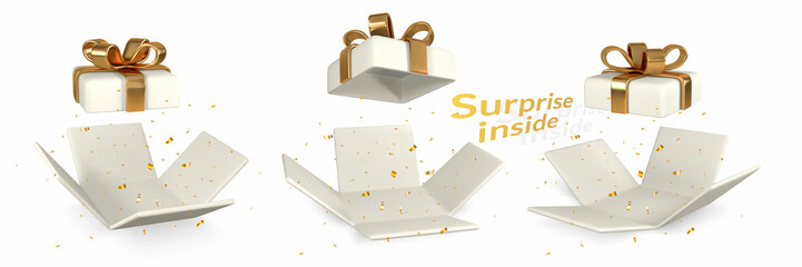 3D render and draw by mesh realistic white Gift Box with golden bow on white background. Surprise inside. Vector illustration