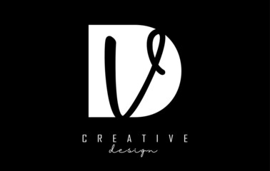 Black and white DV Letters logo with negative space. Letters D and V with geometric and handwritten typography.