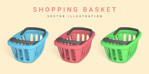 Set of 3d empty blue, red and green shopping baskets. Shopping concept. Vector illustration