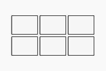 Horizontal frame mockup 7:5, 70x50, A4, A3, A2, A1 landscape. Set of six thin black frames. Gallery wall mockup, set of 6 frames. Clean, modern, minimalist, bright. Mat opening 3:2.