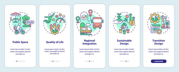 Principles of urban design onboarding mobile app screen. Life quality walkthrough 5 steps graphic instructions pages with linear concepts. UI, UX, GUI template. Myriad Pro-Bold, Regular fonts used