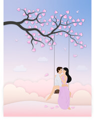 Cute young couple sitting on a swing under a tree. Pop up card, paper art style, vector illustration.