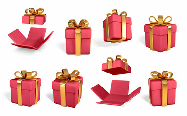 3D realistic red gift boxes with golden bow. Paper boxes with ribbon and shadow isolated on white background. Vector illustration