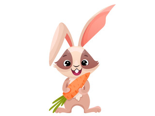 Cute cartoon rabbit or bunny with orange carrot. Funny hare for Easter banners and greeting cards. Vector illustration isolated on white background