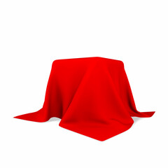 Square box covered with realistic red silk fabric isolated on light background. 3D realistic illustration. Vector illustration