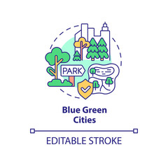 Blue green cities concept icon. Park and recreation area. Urban design principle abstract idea thin line illustration. Isolated outline drawing. Editable stroke. Arial, Myriad Pro-Bold fonts used