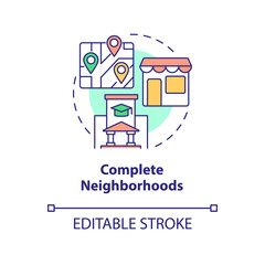 Fototapeta na wymiar Complete neighborhoods concept icon. Optimized infrastructure. Urban design principle abstract idea thin line illustration. Isolated outline drawing. Editable stroke. Arial, Myriad Pro-Bold fonts used