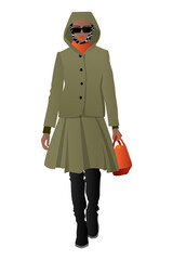 A girl in black glasses, a fashionable hooded jacket, skirt, high boots and an orange handbag.