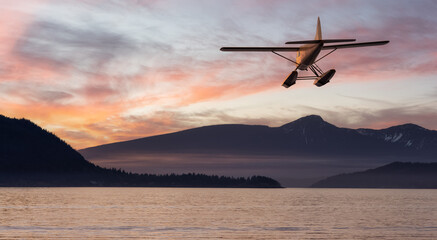 Seaplane flying over Canadian Mountain Nature Landscape on the Pacific West Coast. Cloudy Winter Sunset. 3d Rendering Airplane Adventure Concept. Vancouver, British Columbia, Canada.