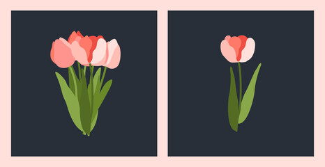 set of posters with tulips on a dark background. floral illustration for interior decoration. bouquet of pink tulips.