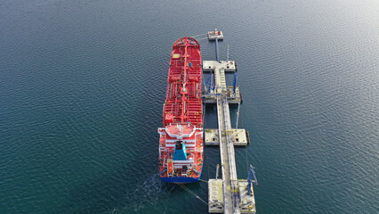 Aerial drone photo of crude oil tanker anchored in Mediterranean port