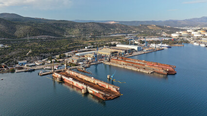 Aerial drone photo of old shipyard of Elefsina, Attica, Greece