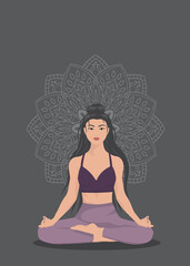 Young woman sits with cross-legged on the floor and meditates with open eyes. Girl makes morning yoga, relaxes at home or breathing exercises. Body positive and health care concept. Vector