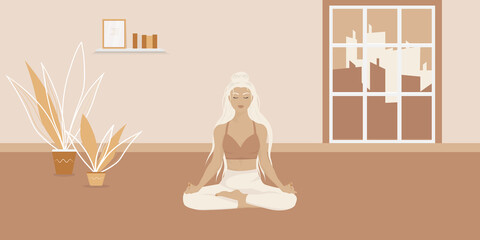 Young woman sits with cross-legged on the floor and meditates with closed eyes. Girl makes morning yoga, relaxes at home or breathing exercises. Body positive and health care concept. Vector