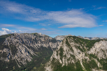 Panoramic view on the alpine mountain chains in Styria, Austria, Hochschwab region. Hills overgrown...