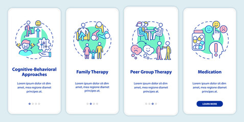 Conduct disorder treatment onboarding mobile app screen. Walkthrough 4 steps graphic instructions pages with linear concepts. UI, UX, GUI template. Myriad Pro-Bold, Regular fonts used