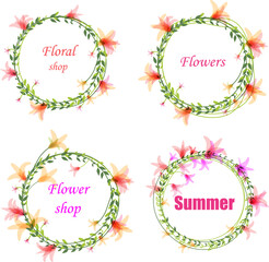 Flower frames set, pink flowers and leafs, lable for flower shop, summer invitations