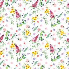 Seamless watercolor pattern of flowers flowers and leaves on a white background.