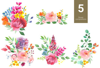 Set of watercolor compositions of flowers flowers and leaves on a white background.