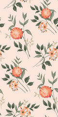 Seamless pattern with gently floral composition. Fond floral print with aster flowers, leaves, twigs in bouquets. Watercolor botanical background. Vector illustration.