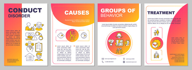 Conduct disorder red gradient brochure template. Causes and treatment. Leaflet design with linear icons. 4 vector layouts for presentation, annual reports. Arial-Black, Myriad Pro-Regular fonts used