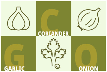 Herbs and spices line icon set. Coriander, garlic, onion signs with name text. Editable stroke symbols of food. 3 linear style olive colored design elements. Vector isolated - 488645363