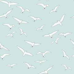 Seamless pattern with flying birds. A flock of seagulls soaring in the sky. Vector graphics.