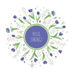 Round frame of tulips. Very Peri Color. Flat vector illustration.